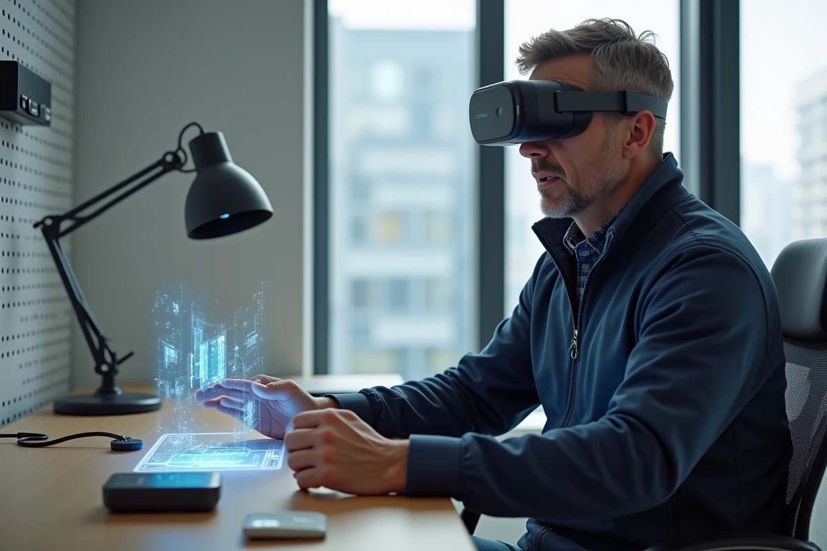 Homme portant des lunettes de réalité augmentée dans un bureau à domicile, tendances innovation technologique