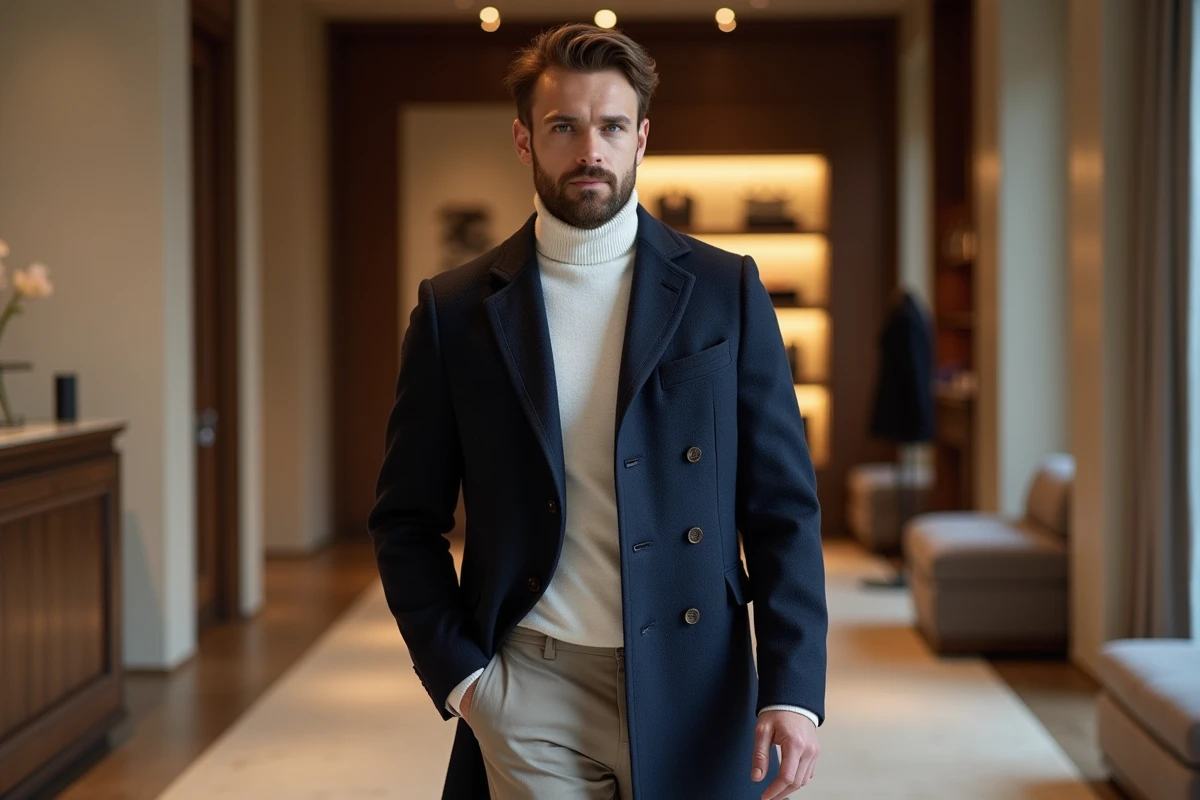 Homme en manteau navy dans une boutique élégante et moderne