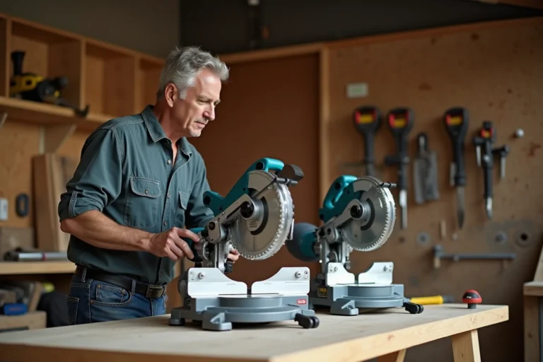 Homme d'âge moyen compare deux scies à onglet dans un atelier bois