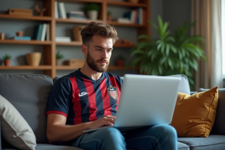 Jeune homme regardant un match de football sur son ordinateur
