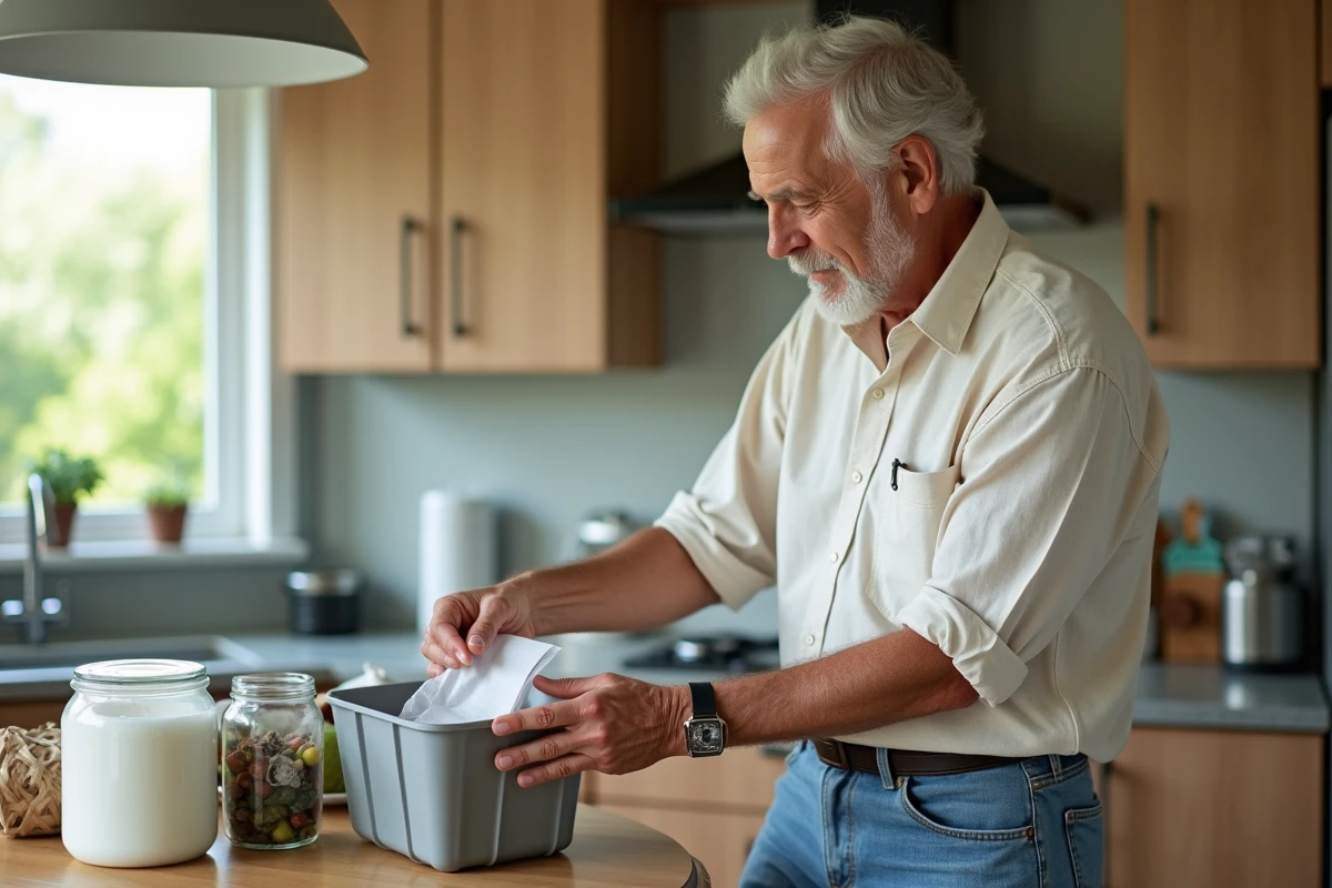 Homme senior triant ses déchets dans la cuisine