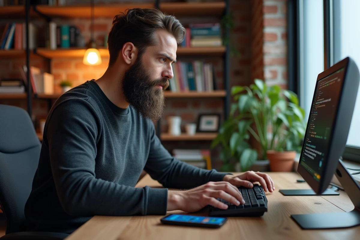 Homme en télétravail utilisant une application de messagerie chiffrée comme alternative sécurisée à Dirvox depuis son bureau à domicile