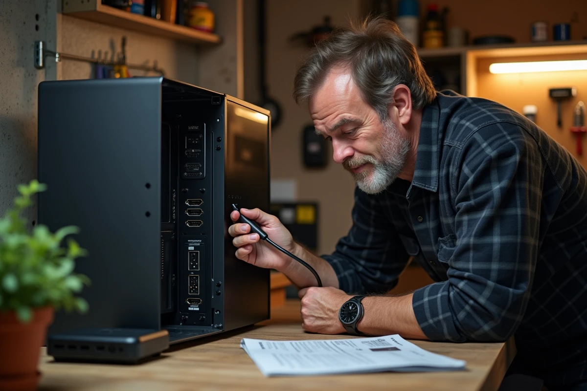 Homme installant un câble HDMI sur un PC de bureau pour configurer Android TV