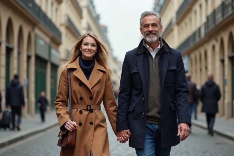 Couple célèbre Jenifer et Ambroise marchant main dans la main dans les rues de Paris au printemps 2026