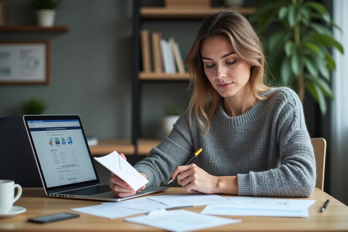 Une jeune femme examine des documents bancaires et un chèque reçu en donation familiale