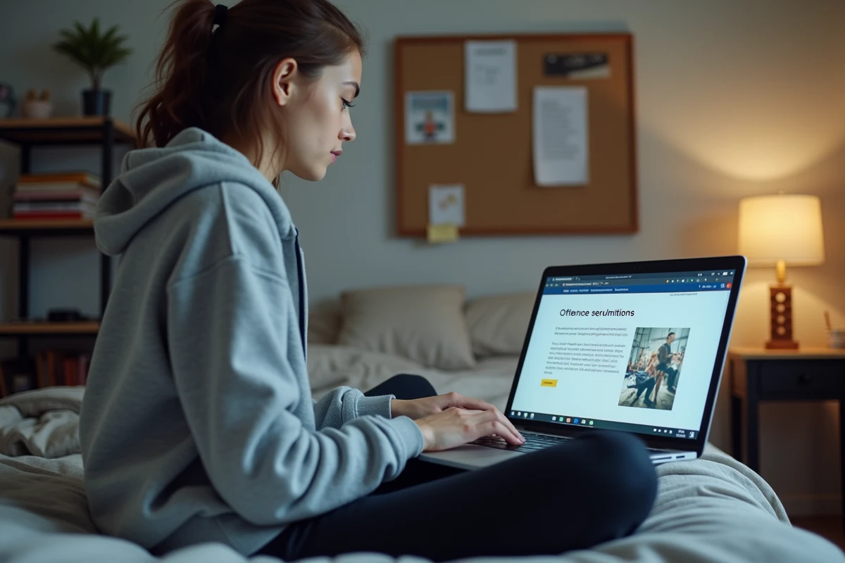 Jeune femme française consultant un site gouvernemental sur son ordinateur portable pour s'informer sur la classe 2026 et le recensement militaire