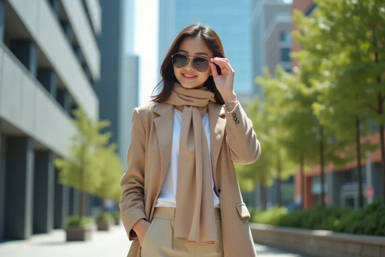 Jeune femme confiante en blazer beige ajustant ses lunettes dans la ville