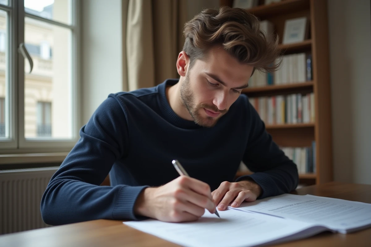 Jeune homme français concentré sur des documents administratifs officiels à son bureau, préparant son dossier pour la classe 2026