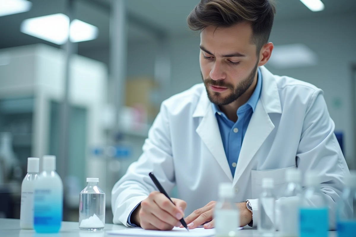 Jeune scientifique en laboratoire avec produits de soin