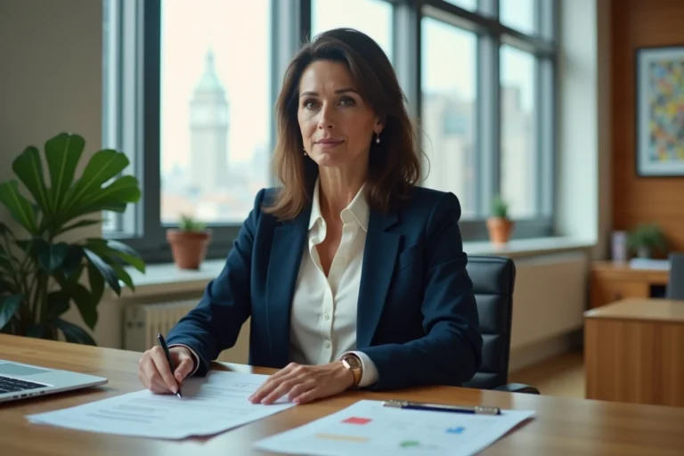 Femme inspirante en blazer marine travaillant dans un bureau moderne avec vue sur la ville, symbole de résilience et de succès professionnel