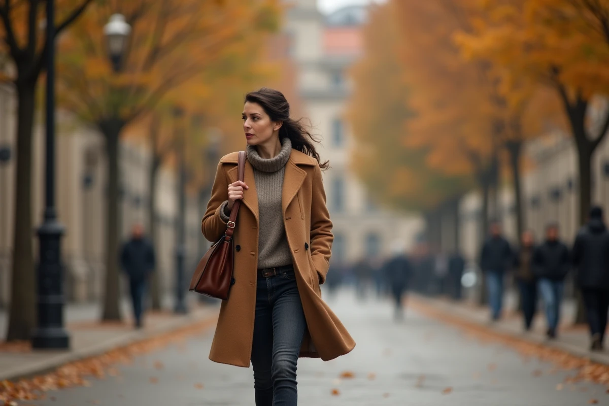Femme déterminée marchant dans une rue parisienne en automne, illustrant le parcours de résilience et de succès de Lisa Thorner
