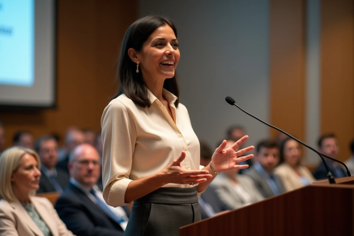 Femme charismatique prenant la parole lors d'une conférence professionnelle, représentant le succès et l'influence de Lisa Thorner