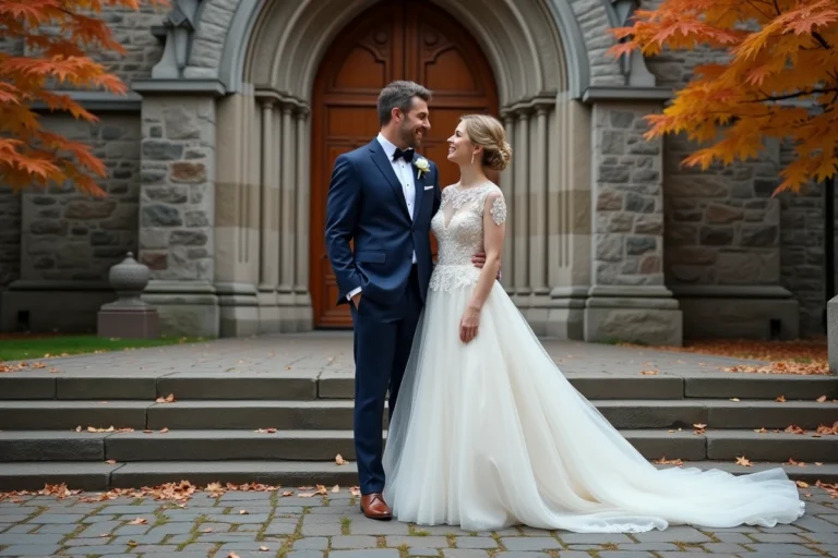 Couple de mariés élégants devant une église historique en pierre au Québec lors d'une cérémonie d'automne