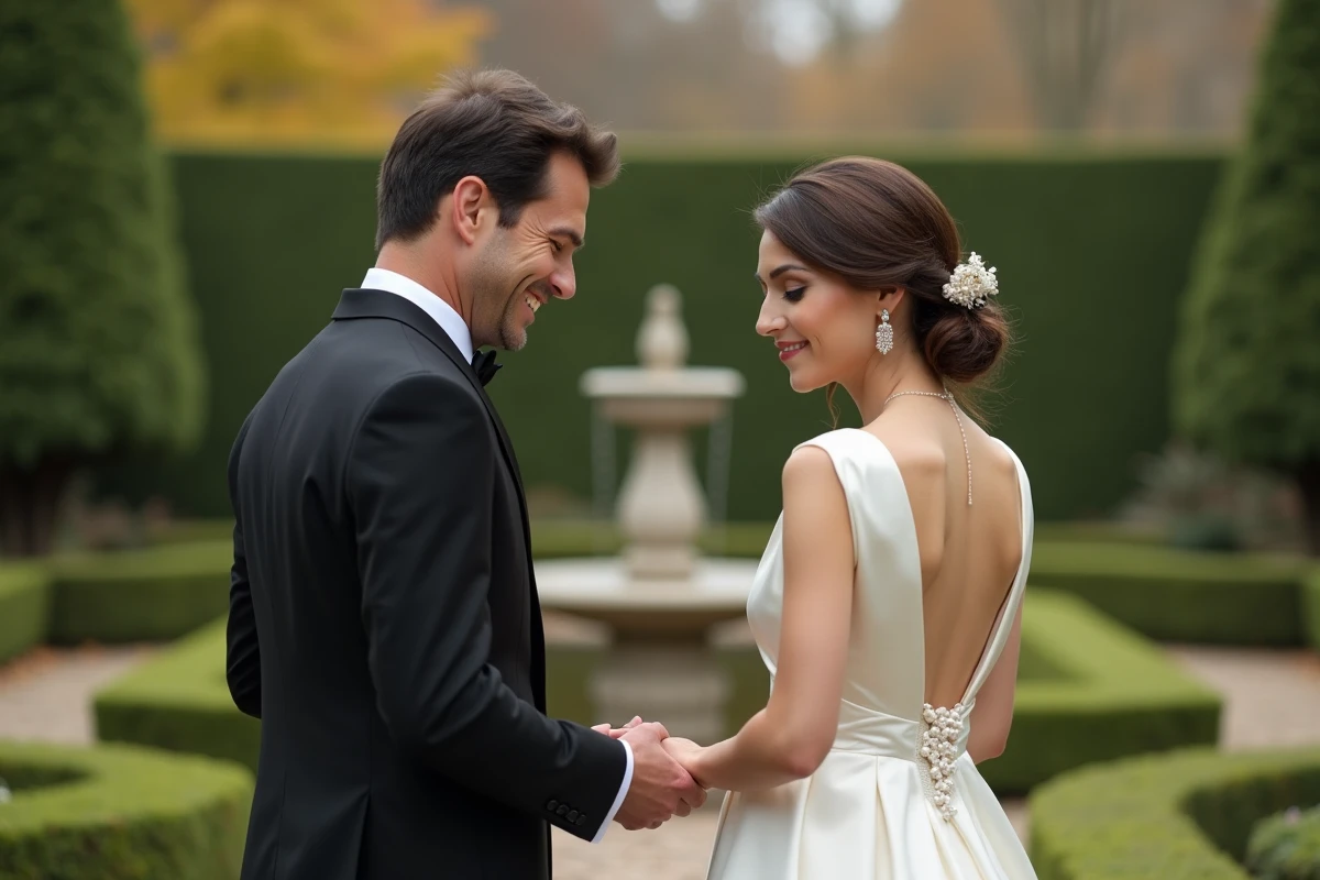 Couple de mariés se tenant les mains dans un jardin à la française lors de leur journée de mariage