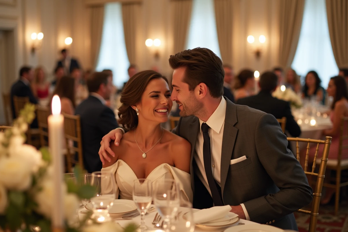 Couple de mariés riant lors de la réception dans une salle de bal élégante à Montréal