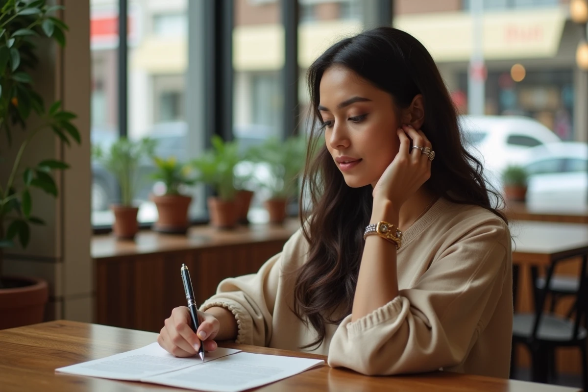 Marwa Cheikh lisant une lettre dans un café lumineux