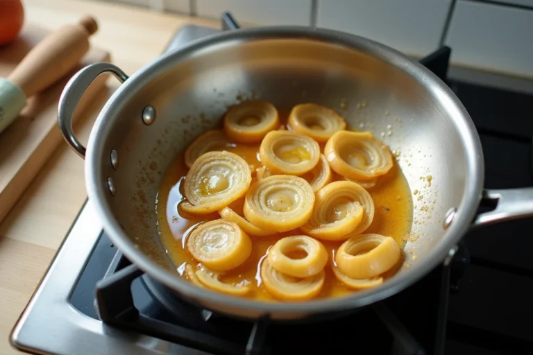 Oignons en tranches fines qui reviennent sans matière grasse dans une poêle en inox sur une cuisinière à gaz, vus de dessus avec des bords dorés et caramélisés