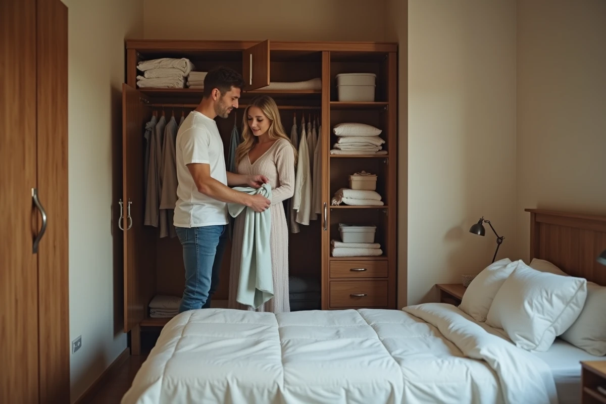 Couple organisant leur espace de rangement partagé dans la chambre d'un appartement T2 avec optimisation de l'espace