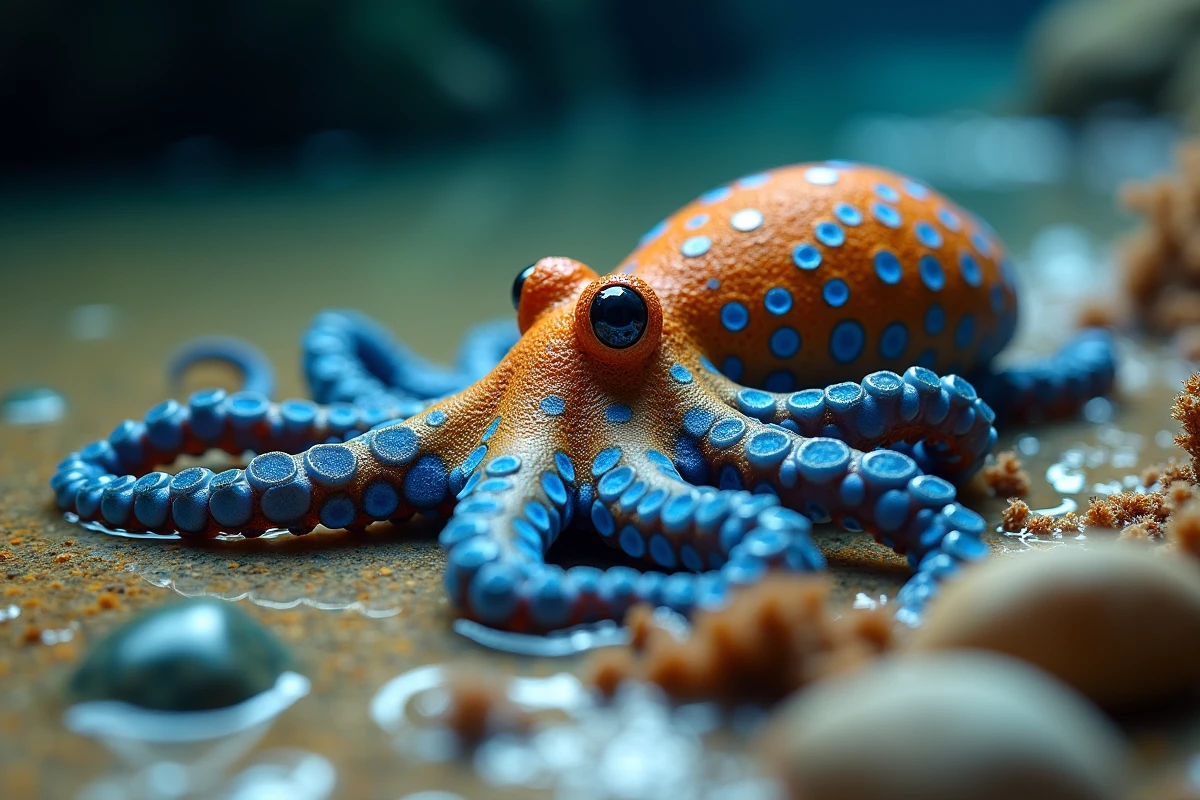 Blue-ringed octopus in a rocky pool, an animal with remarkable color and shape-changing abilities