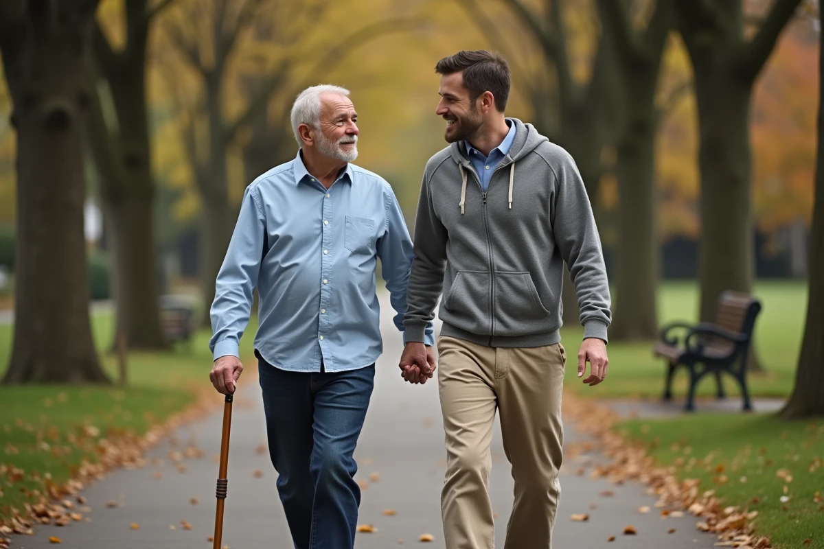 Fils aidant accompagnant son père âgé lors d'une promenade en parc à l'automne avec une canne