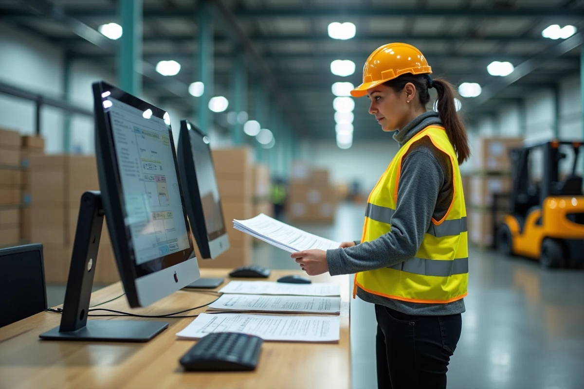Responsable logistique supervisant les expéditions depuis un bureau attenant à un entrepôt