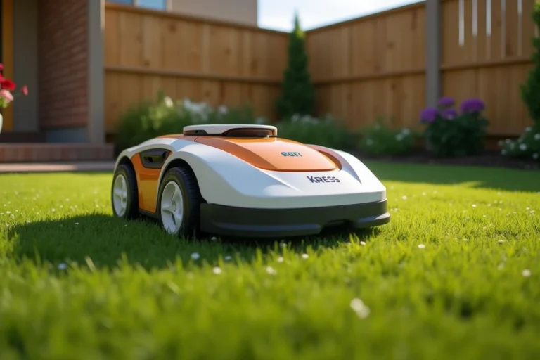 Robot tondeuse Kress RTK en action sur une pelouse résidentielle bien entretenue