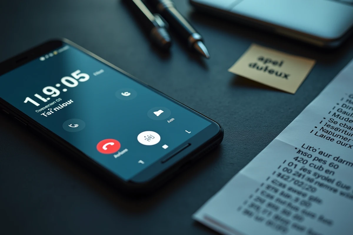 Smartphone affichant un appel entrant d'un numéro en 05 posé sur un bureau avec une liste de numéros suspects