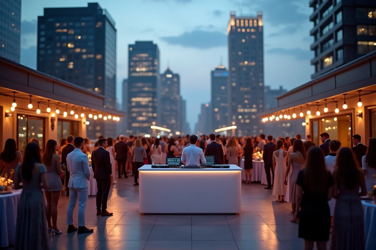 Soirée privée en rooftop avec scène DJ et foule élégante sur fond de skyline urbaine au crépuscule