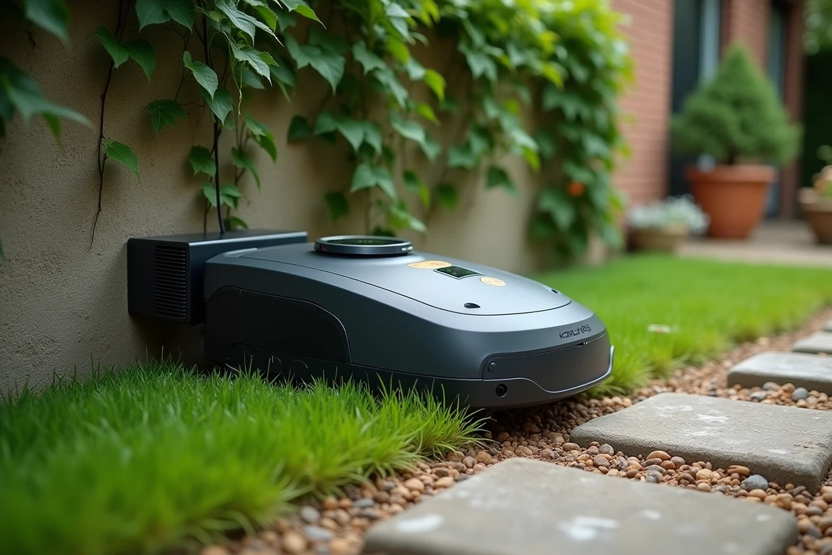 Station de recharge du robot tondeuse Kress RTK installée dans un jardin résidentiel