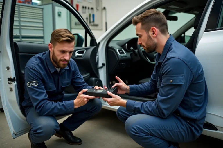 Technicien automobile connectant un scanner OBD2 sur une Renault Clio pour diagnostiquer le code d'erreur 1525f3