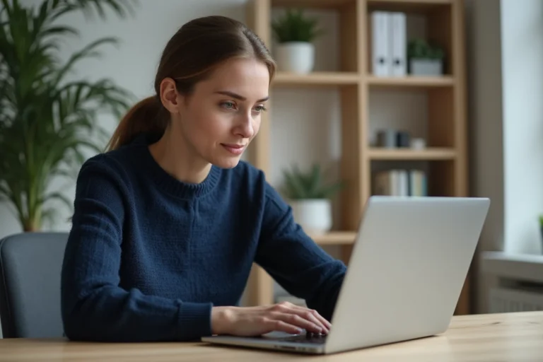 Femme utilisant un ordinateur portable pour télécharger des fichiers en toute sécurité depuis une alternative gratuite en 2024