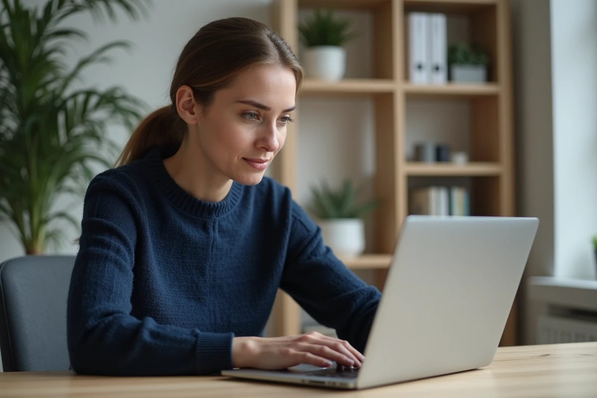 Femme utilisant un ordinateur portable pour télécharger des fichiers en toute sécurité depuis une alternative gratuite en 2024