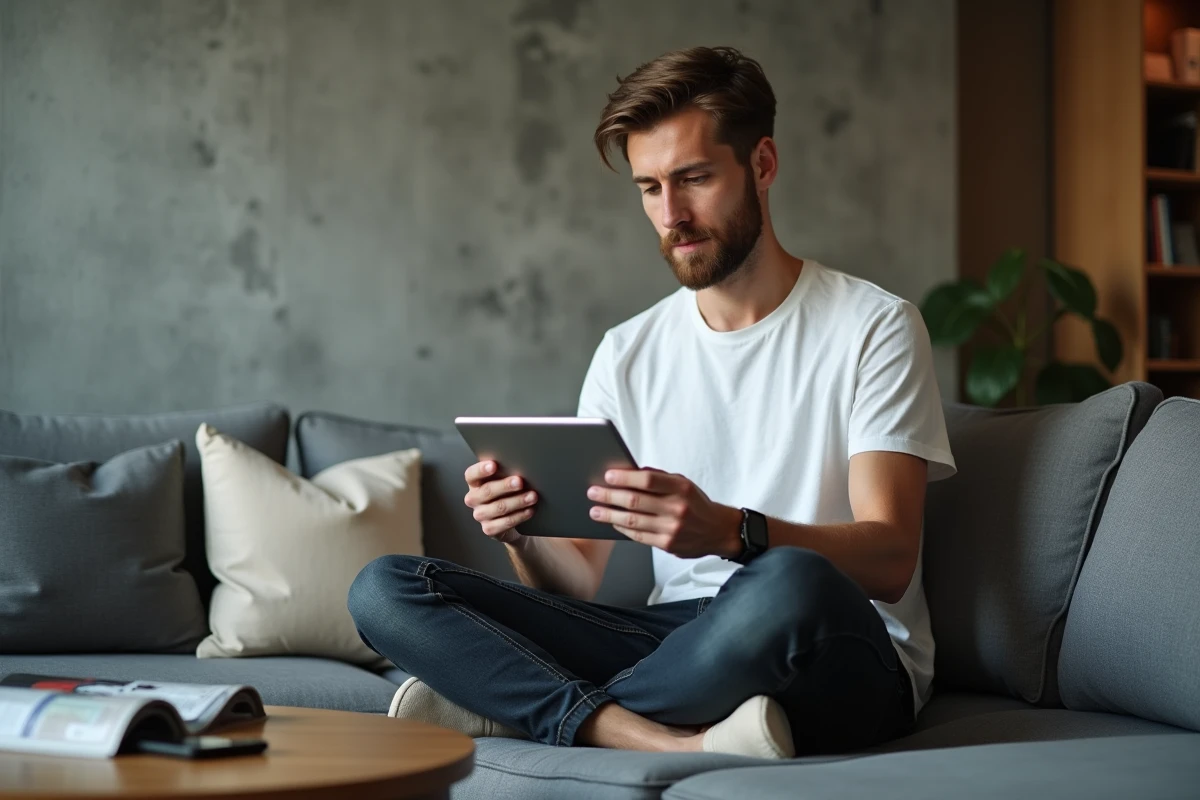 Jeune homme naviguant sur une tablette pour trouver des solutions de téléchargement gratuit et sécurisé depuis son salon
