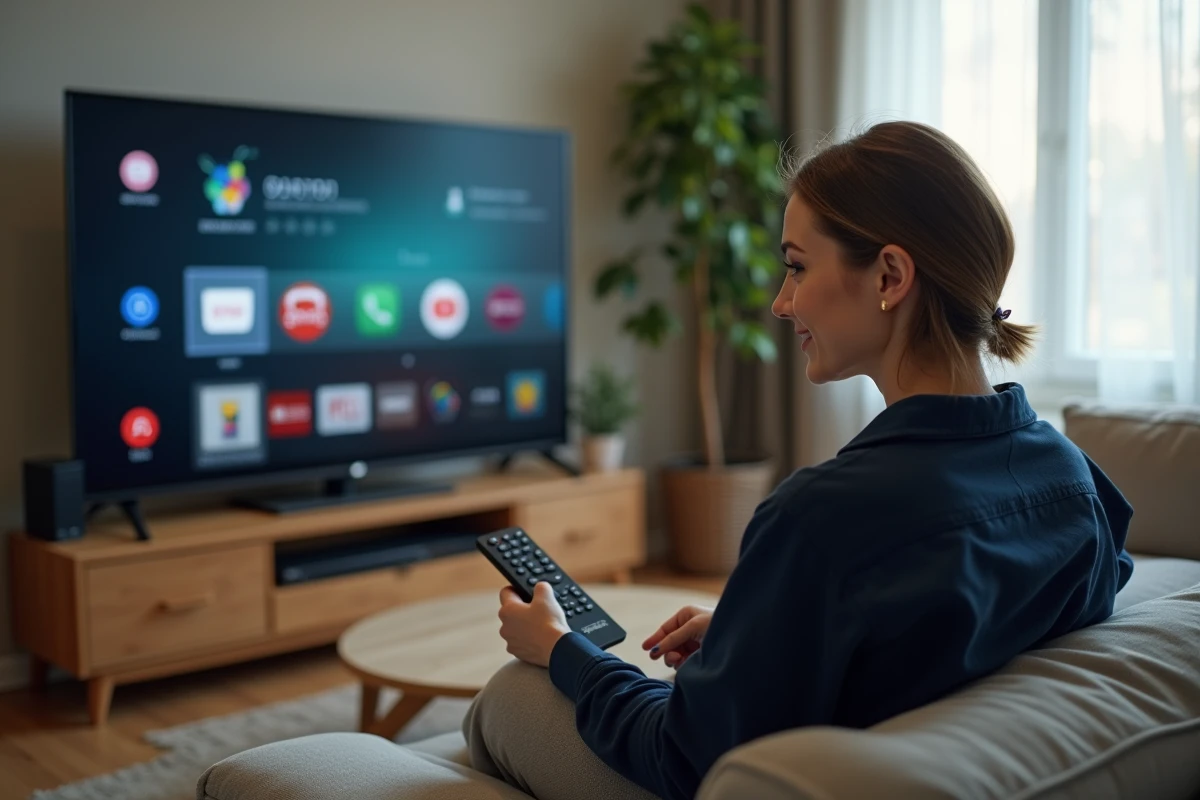Femme utilisant Android TV sur un écran de salon connecté à un PC