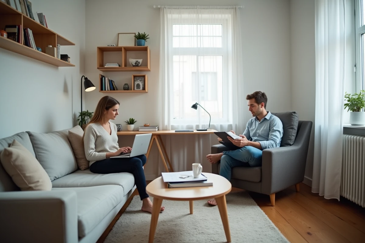 Deux personnes partageant un salon bureau dans un appartement T2 optimisé avec rangements muraux et espace de travail