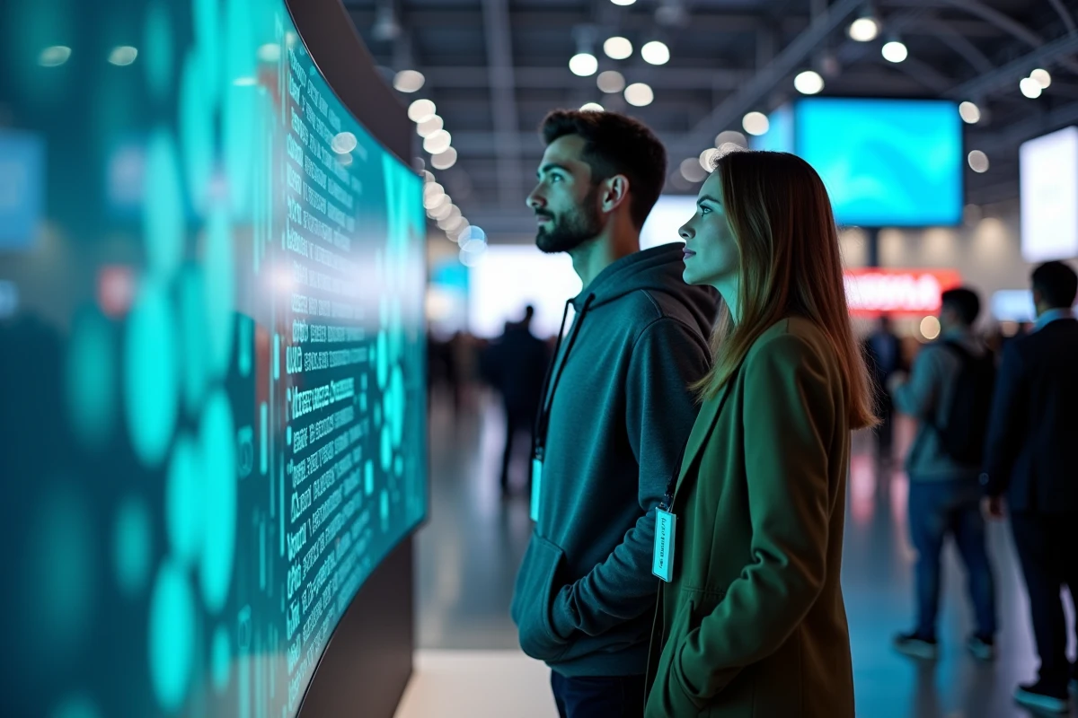 Deux visiteurs admirant un grand écran OLED incurvé dans un salon high-tech, innovations technologiques à découvrir