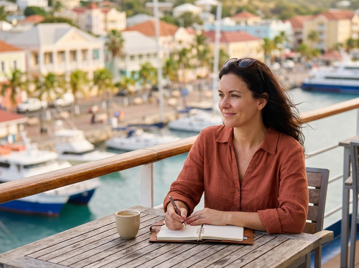 Voyageuse solitaire écrivant dans son carnet de voyage sur le pont d'un navire de croisière avec un port exotique en arrière-plan