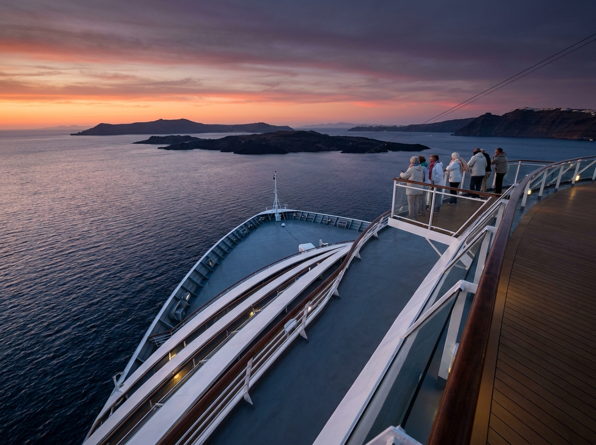 Vue panoramique grand angle depuis le pont d'observation d'un paquebot de croisière au crépuscule avec des îles volcaniques à l'horizon